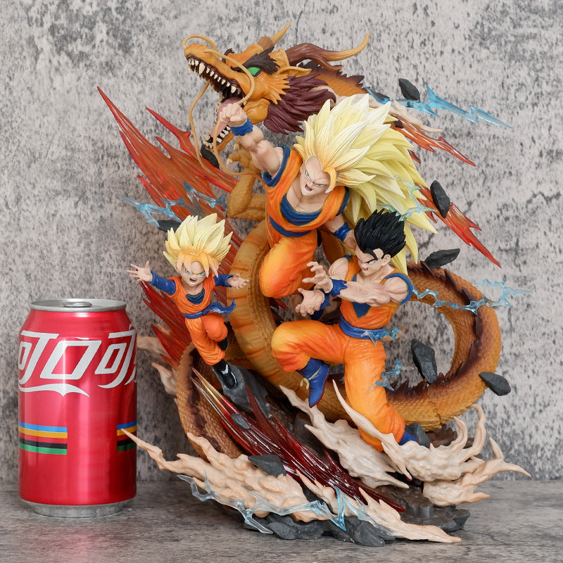 28cm Dragon Ball  Goku Gohan Goten Super Saiyan 3 Anime Figures Shenron Father And Son Three People
